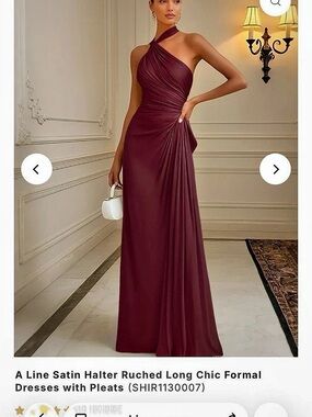 Shirees A Line Satin Halter Ruched Long Chic Formal Dresses with Pleats Maxi